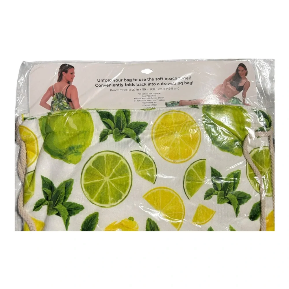 🍋 Citrus Print Beach Towel with Drawstring Bag – NWT